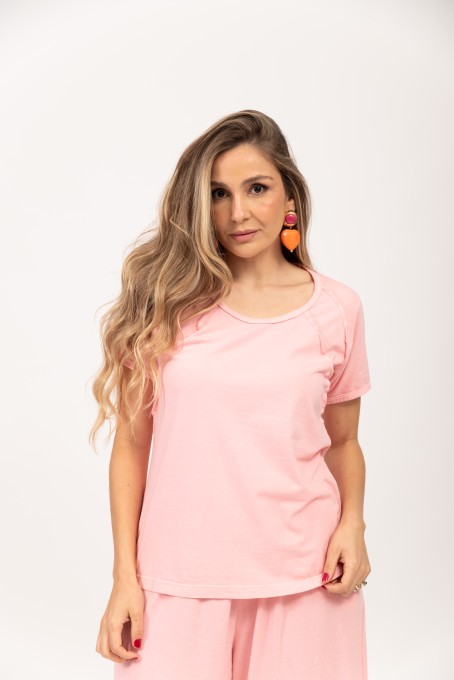 Blusa Manga Curta Com Recortes Rosa Claro