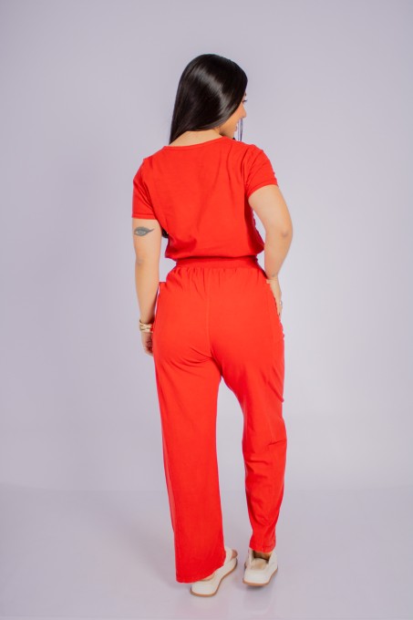Conjunto Blusa Com Recortes E Calça Reta Com Bolsos Vermelho