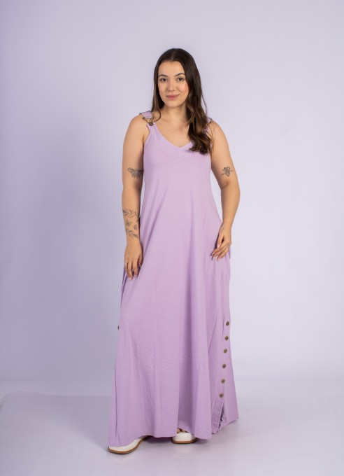 Vestido Longo Com Botões Laterais Lilás Claro