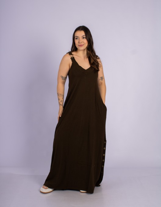 Vestido Longo Com Botões Laterais Café