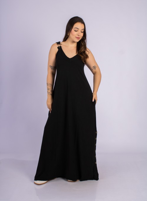 Vestido Longo Com Botões Laterais Preto