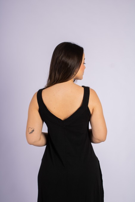 Vestido Longo Com Botões Laterais Preto