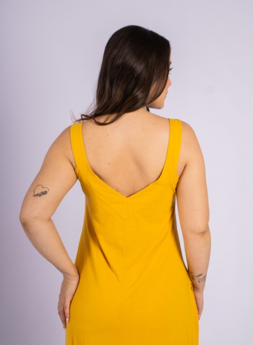 Vestido Longo Com Botões Laterais Mostarda