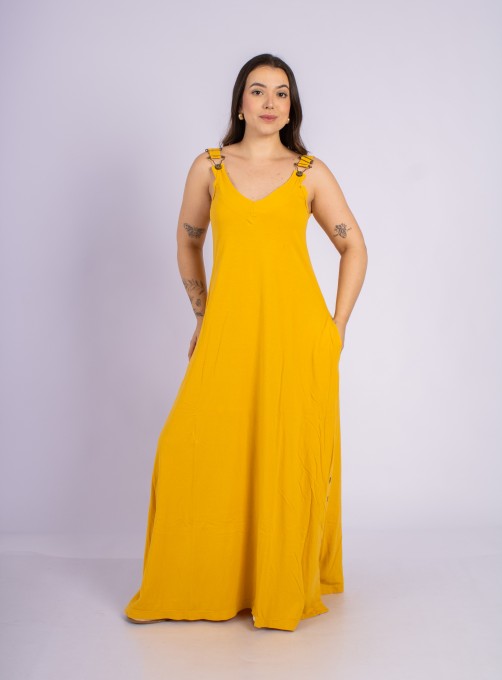 Vestido Longo Com Botões Laterais Mostarda