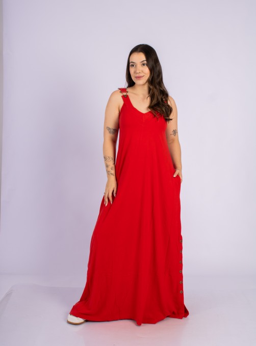Vestido Longo Com Botões Laterais Vermelho