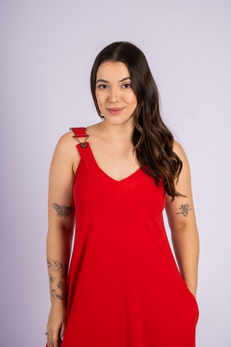 Vestido Longo Com Botões Laterais Vermelho