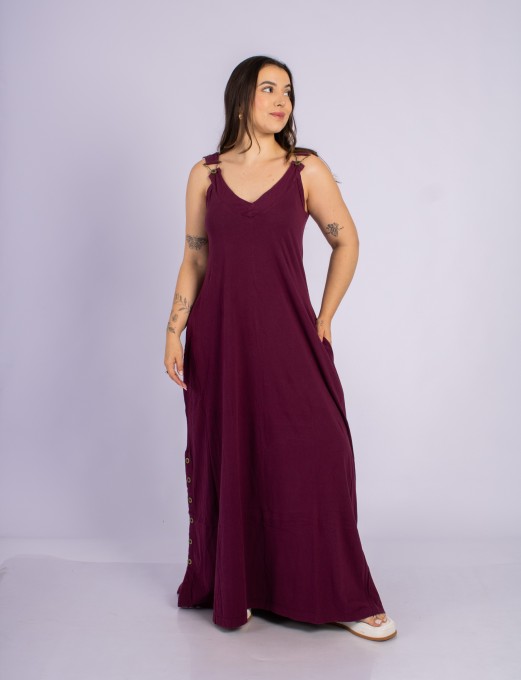 Vestido Longo Com Botões Laterais Vinho