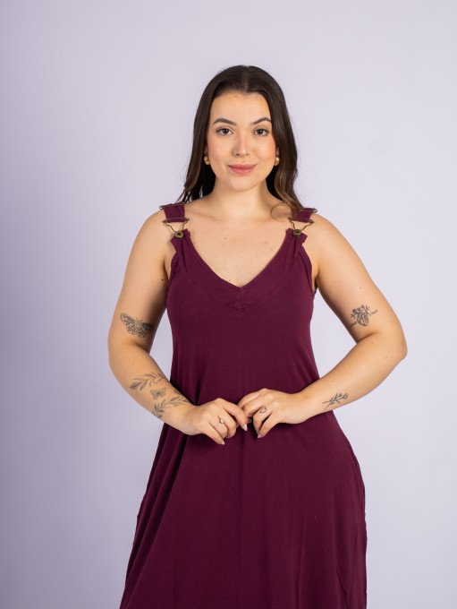 Vestido Longo Com Botões Laterais Vinho