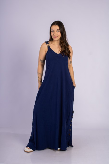 Vestido Longo Com Botões Laterais Azul Marinho