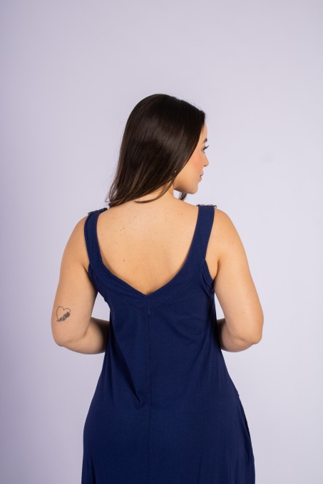 Vestido Longo Com Botões Laterais Azul Marinho