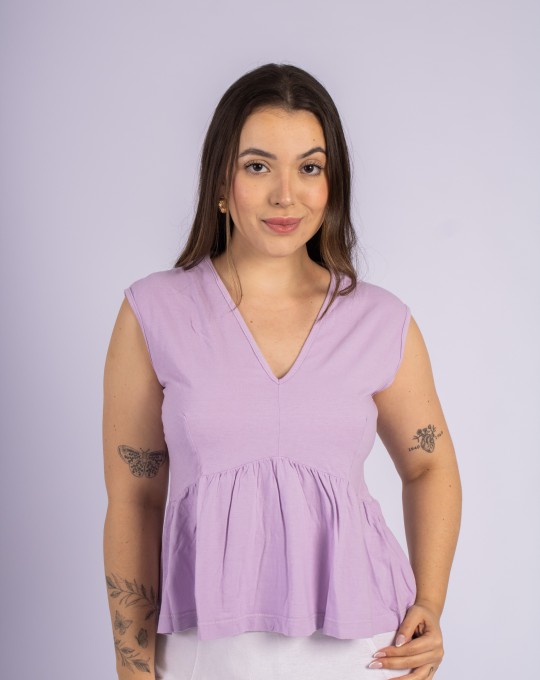 Blusa Decote V Com Babado Lilás Claro