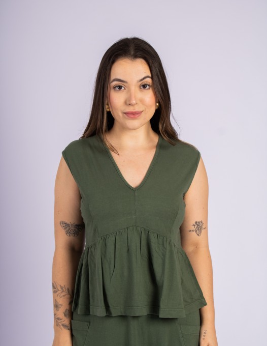 Blusa Decote V Com Babado Verde Musgo