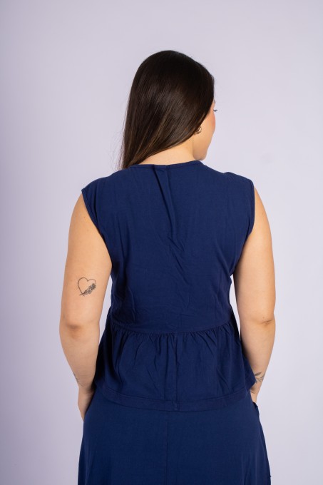 Blusa Decote V Com Babado Azul Marinho