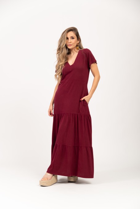 Vestido Longo em Camadas Vinho