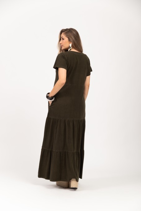 Vestido Longo em Camadas Verde Musgo