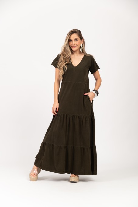 Vestido Longo em Camadas Verde Musgo