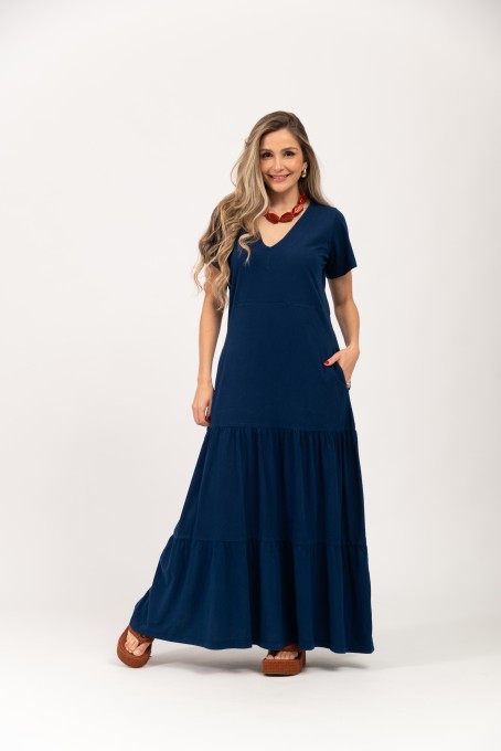 Vestido Longo em Camadas Azul Marinho